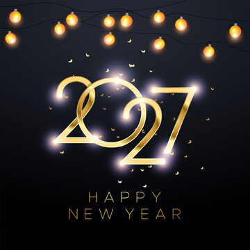 2027 Happy New Year Glowing Light Effect Sparkle Dark Black Background