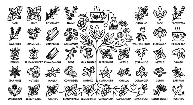 Botanical herbs and spices flat outline icon bundle