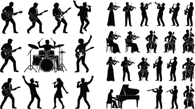 Musician and orchestra silhouette collection featuring singers guitarists pianists violinists drummers and jazz performers isolated vector set