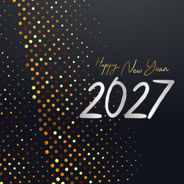 2027 Happy New Year Gold Dots Confetti Script White Silver Text Background