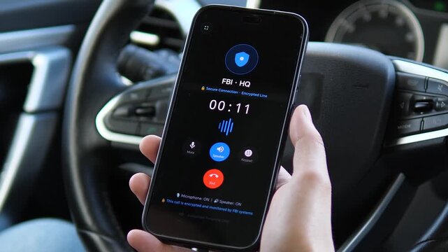 Hands holding a phone during an active FBI call while driving. The dark UI highlights the encrypted connection and authorized access warning. Great for showcasing federal tech, mobile security, and