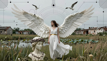 Obraz premium Angel with Wings in Serene Rural Landscape with Symbolic Elements
