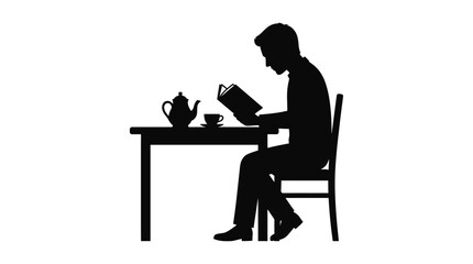 Fototapeta premium Man Reading Book At Table With Teapot Black Silhouette