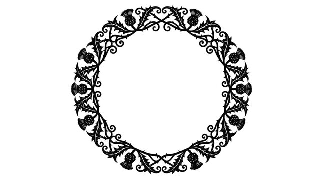 Thistle wreath with floral ornament black and white silhouette