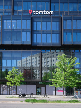 Berlin, Germany, April 29: The glass-fronted facade of an office building housing TomTom's German office