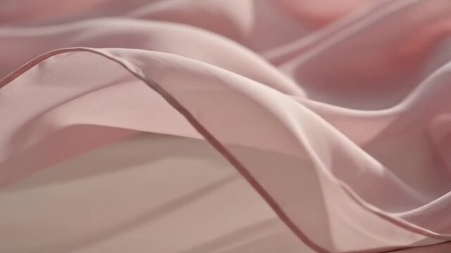 Soft pink fabric flows gently on a flat surface in sunlight in a calm indoor setting during the day