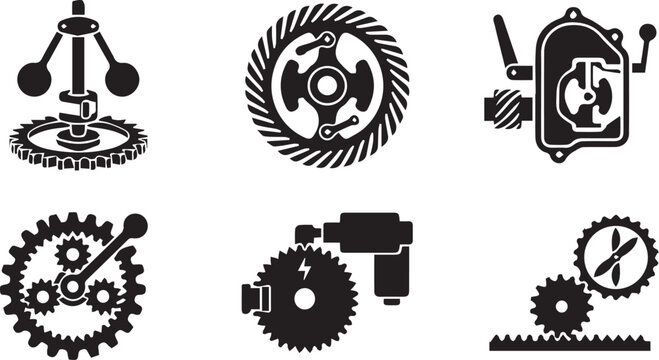 Six types of governor gear vector icons set, engine RPM speed control mechanism silhouettesSix types of governor gear vector icons set, engine RPM speed control mechanism silhouettes