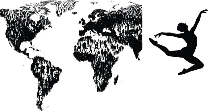 World population map formed by human silhouettes with graceful ballet dancer figure symbolizing global culture diversity and artistic expression