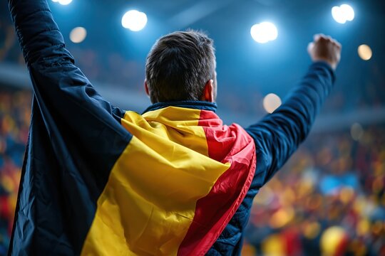 Belgian football supporter celebrating with national flag at stadium