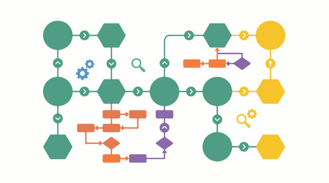 A colorful flowchart or diagram illustrating a complex process with interconnected shapes and icons.