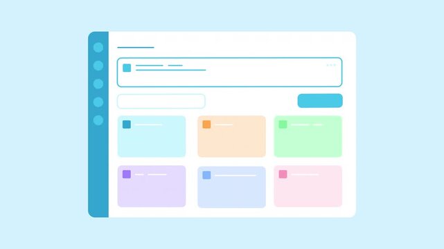 Animated web dashboard interface with colorful content cards and navigation panel. Clean modern UI layout for website, admin panel, CMS or digital workspace concept.