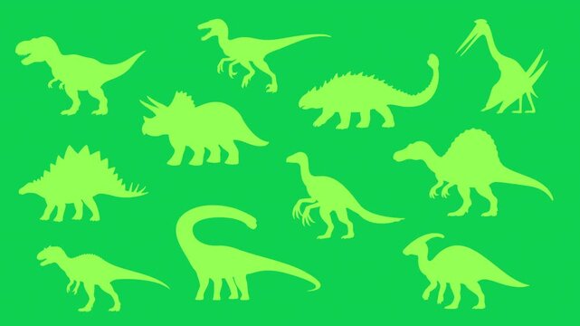 Animated dinosaur silhouettes moving across green background. Seamless prehistoric pattern with various dinosaur species in simple flat style. 4K