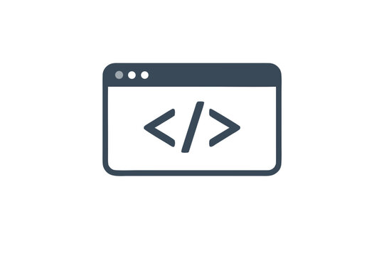 Web development vector line icon with browser window and code brackets, programming interface concept isolated on transparent background
