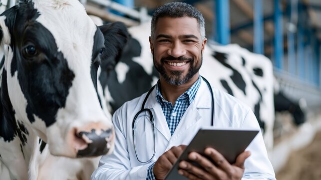 African american male veterinarian in a white coat and stethoscope uses a tablet to check a healthy holstein cow in a modern barn, illustrating farm healthcare and smart farming