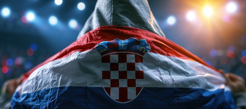 Croatian football fan holding national flag at stadium