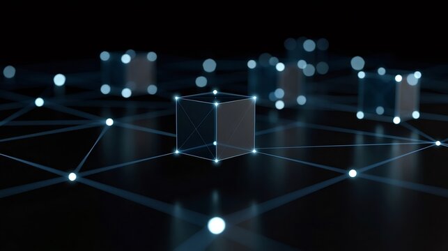 Glowing blue cubes link across a dark decentralized network, representing secure data exchange, blockchain connectivity, distributed computing and futuristic digital infrastructure