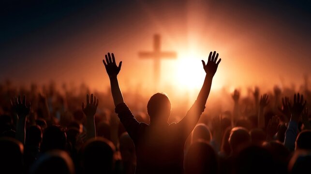 Silhouetted crowd raising hands in prayer and praise under a radiant cross and spiritual light, symbolizing faith, hope, and worship during a religious gathering