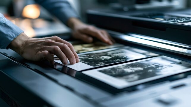 Hands placing faded historic prints onto a flatbed scanner, digitizing precious family memories and preserving history for future generations through modern technology