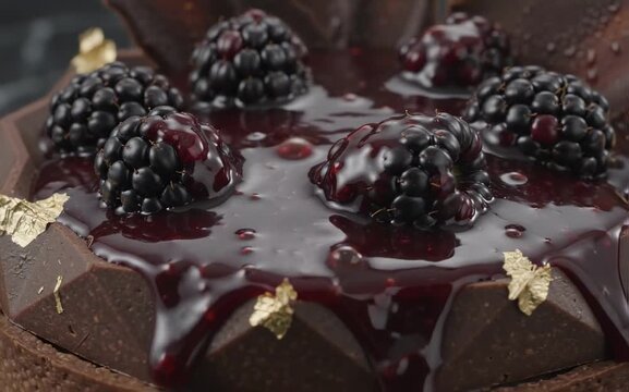 Rich blackberry compote spreads over dessert creating elegant reflections and luxury atmosphere