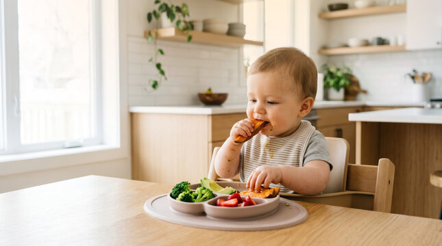 A toddler sits in a high chair at a kitchen table, eating pieces of bread and vegetables while sunlight fills the room. The child is focused on the food in front