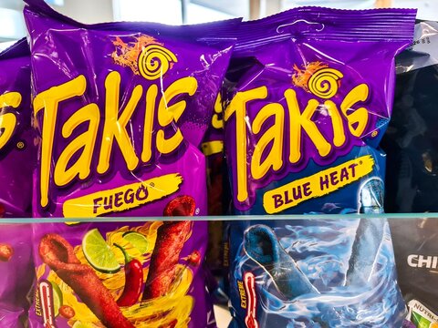Hamburg, Germany - 06. June 2026: Takis Fuego and Blue Heat spicy chips bags