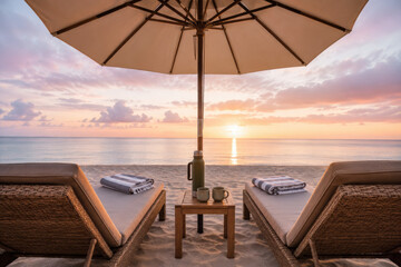 Fototapeta premium Two lounge chairs beneath a beach umbrella face a glowing ocean sunset from a private shore retreat. Ideal for luxury travel ads, resort marketing, and website banners.