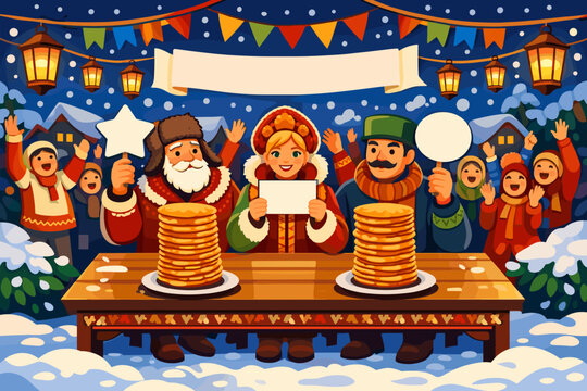 People celebrate a pancake stack contest in a snowy town at night with colorful decorations and warm lights