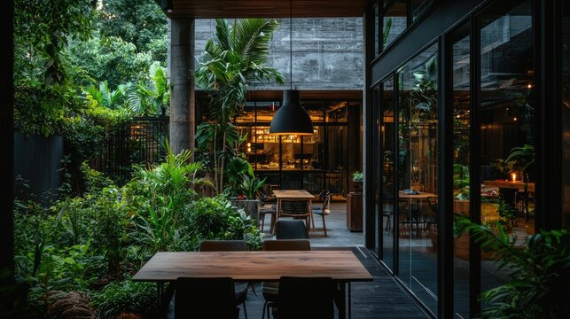 Lush tropical garden patio with modern interior design.