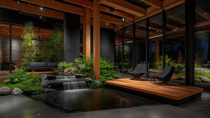 Obraz premium Modern indoor garden courtyard with water feature.
