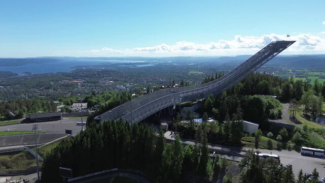 Aerial view of Holmenkollen ski jump in Oslo, Norway.