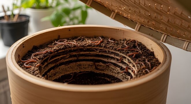 Worm composting bin with red wiggler worms in soil layers  sustainable gardening method