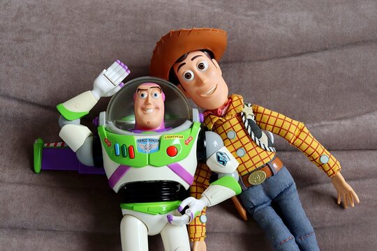 Salvador, Brazil - June 6, 2026: Sheriff Woody and Buzz Lightyear toys displayed together. Toy Story 5 movie concept.