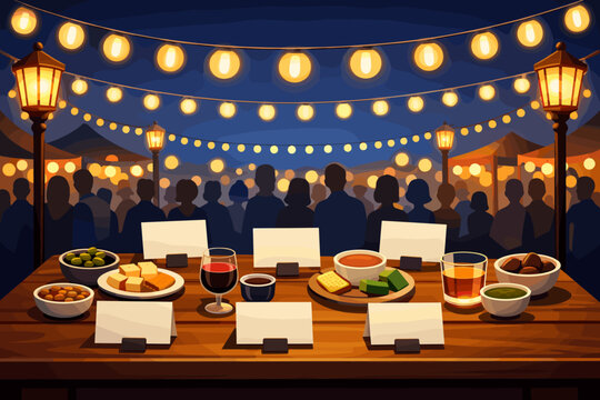 Crowds gather for a food event under string lights at night in an outdoor market setting