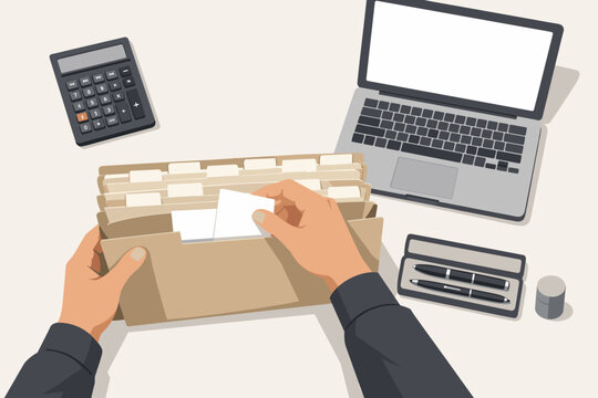Hands organize document folders on a desk with a laptop and calculator during a work session in an office setting
