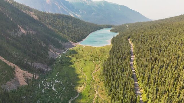 Aerial view of Cavell Lake Trail in Jasper Alberta during summer season with mountains