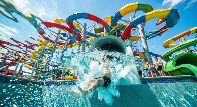 A wide, action-packed shot captures a boy splashing headfirst into a swimming pool after sliding down a massive, colorful waterslide structure at an outdoor waterpark.