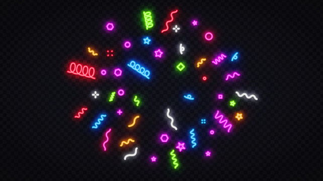Neon confetti burst with colorful glowing shapes on transparent background. Dynamic festive element for celebration, carnival or birthday decoration.