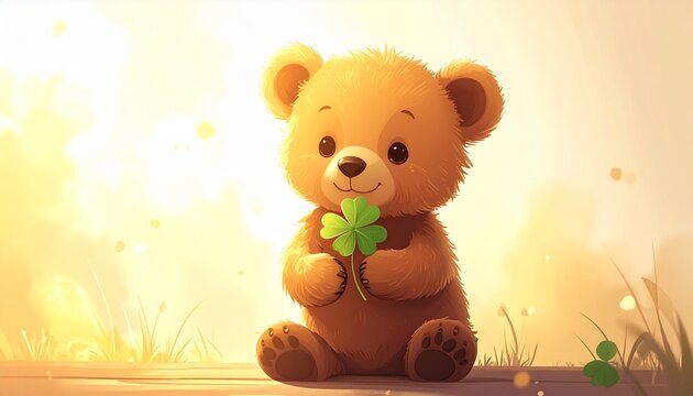 四つ葉のクローバーを両手で抱えて座るクマの素材