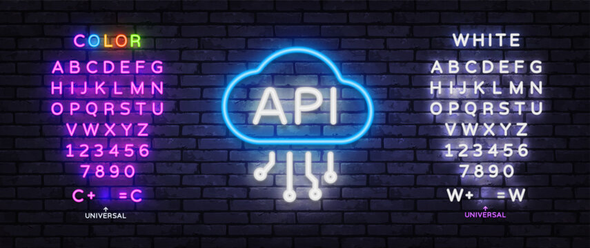 Neon API cloud icon with editable alphabet and luminous typography style. Futuristic template for cloud computing, programming or web development.