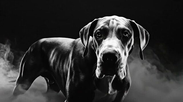 Dramatic black and white portrait of a muscular Great Dane dog emerging from a cloud of smoke, focused gaze