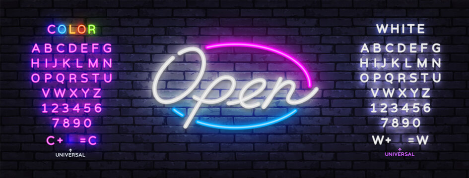 Editable neon open sign with glowing alphabet and number set on brick wall. Retro typography template for logo, storefront, cafe or nightlife branding.
