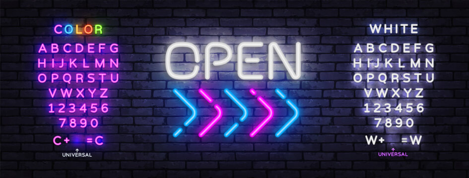 Neon open text with colorful arrows and editable alphabet collection. Vibrant retro typography for club, cafe, banner or digital promotion.