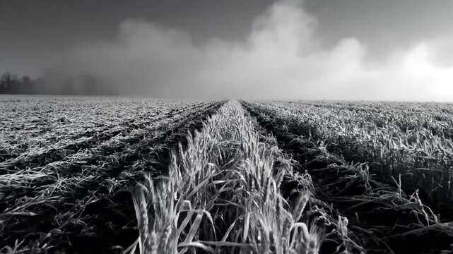 Black and white shot of a tranquil wheat field with a slightly overcast sky creating a sense of serenity