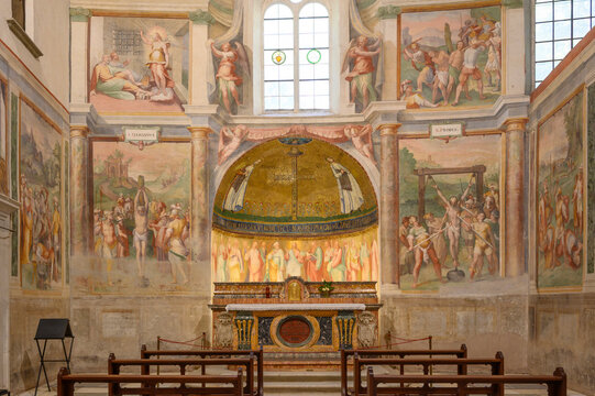 Chapel of Saints Primus and Felician in Santo Stefano Rotondo Rome Italy 7th-century byzantine apse mosaic and renaissance martyrdom frescoes