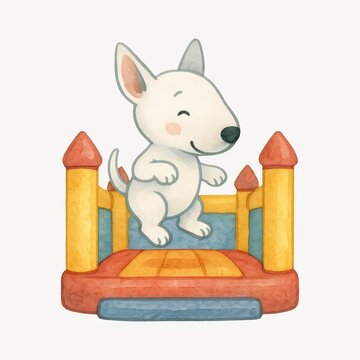 Playful puppy on bouncy castle