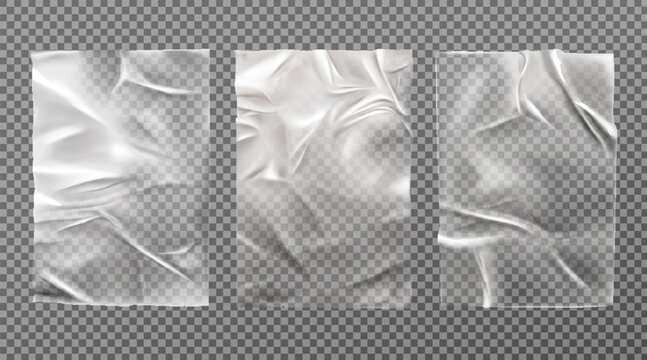 Realistic big set of transparent plastic polyethylene bags overlay. Wrapping packaging vinyl texture. Vector illustration