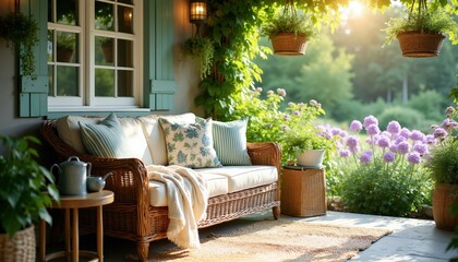 Obraz premium Wicker couch on a sunlit porch with green plants and purple flowers. Enjoy nature, relax outdoors on comfortable patio furniture. Peaceful garden retreat.