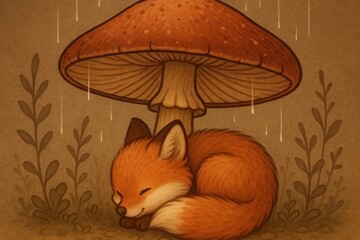 Naklejka premium Cozy fox under mushroom rain.