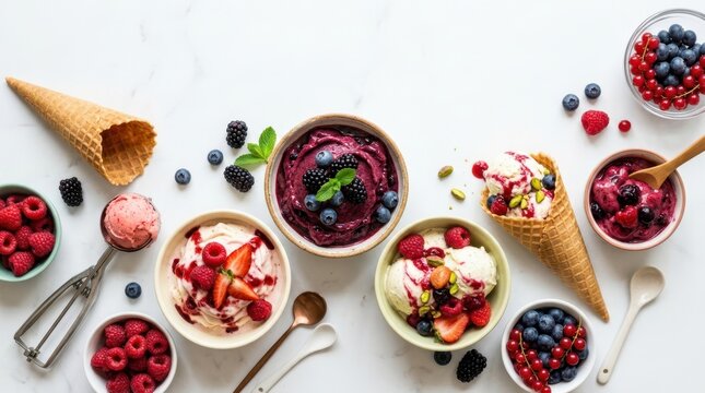 Assortment of colorful berry ice creams and sorbets with fresh fruits
