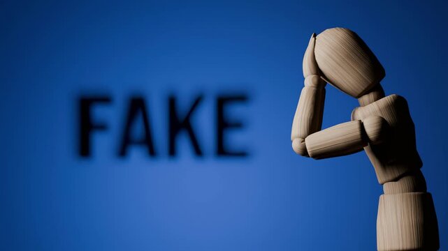 Fake identity concept animation, wooden mannequin touching mirror, illusion of self and artificial personality, psychological deception dark 3D render